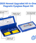 Image of Travel Ready All In One Magnetic Eyeglasses Repair Kit in blue case, showing magnetic screwdrivers, screws, and nose pads for quick fixes.