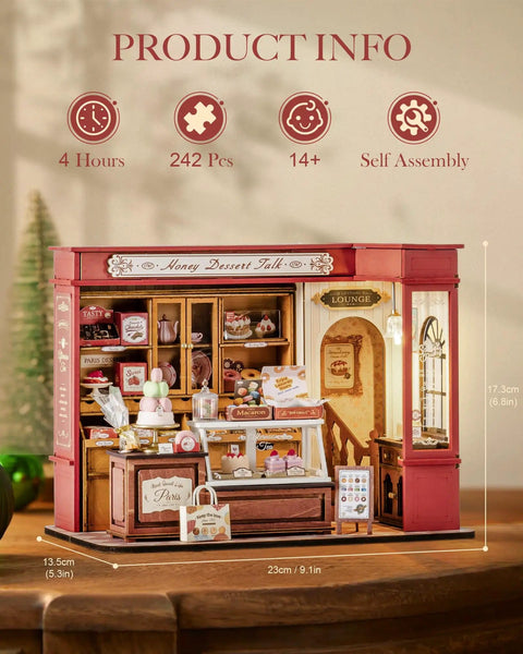 Vintage French Dessert Shop Miniature Dollhouse Kit With LED Light One 18 Scale Wooden Diorama Model For Adults display