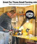 Woodworker using lathe with Heavy Duty 3 Inch Steel Wood Lathe Faceplate with 1 Inch by 8 TPI Thread and Eight Mounting Holes