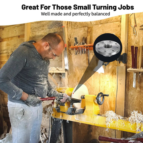 Woodworker using lathe with Heavy Duty 3 Inch Steel Wood Lathe Faceplate with 1 Inch by 8 TPI Thread and Eight Mounting Holes