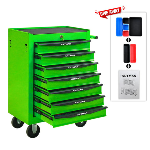 Heavy Duty Freestanding Storage Cabinet With Smooth Rollin Parking Brakes And Ball Bearing Slides For Crazy Convenient Garage Workspace Organization In Sage Green, featuring 7 drawers and wheels.