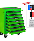 Heavy Duty Rolling Tool Chest With Lockable Parking Brakes And Butter Smooth Ball Bearing Slides 21 Inch Freestanding Storage Cabinet In Bright Green For Garage Or Shop with seven drawers and a top compartment.