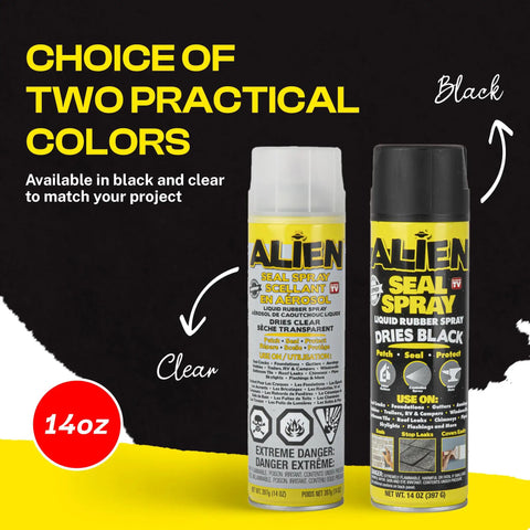 Heavy Duty Liquid Sealant Spray Two Pack in black and clear for versatile projects, 14oz bottles, perfect for home or DIY use.
