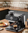 Dope Semi Automatic Espresso Machine With Built In Grinder And 20 Bar Pressure Pump, showing espresso brewing with integrated grinder.