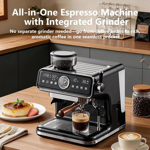 Dope Semi Automatic Espresso Machine With Built In Grinder And 20 Bar Pressure Pump, showing espresso brewing with integrated grinder.