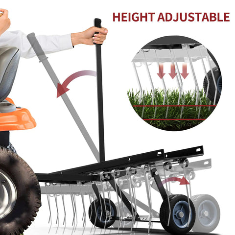 Tow Behind Dethatcher Powerful 40 Inch With 20 Spring Steel Tines Lift Handle For ATV And Mover Tractors Lawn Rake shown in use
