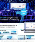 Infographic showing Grab And Go Wireless HDMI Transmitter And Receiver range and latency in various environments