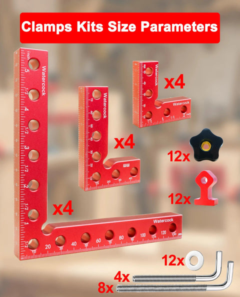 Red aluminum corner clamps in 12 Pack Corner Clamps For Woodworking 90 Degree Right Angle Aluminum Clamps In 5.5, 3.14, And 2.32 Inch Sizes layout