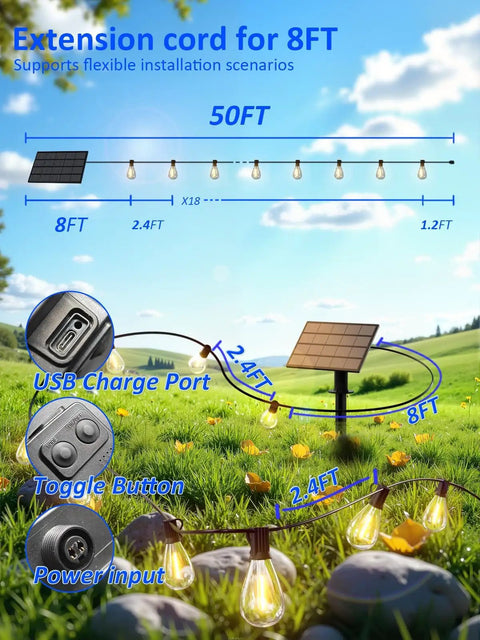 50 Foot Solar String Lights Outdoor Waterproof With 18 Plus 1 LED Bulbs Dual Power Solar USB Back Up diagram on lawn