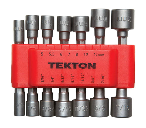 Quick Change Power Nut Driver Bit Set, 14-Piece Inch And Metric Hex Shank Bits With Storage Clip on display.