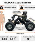 Size guide for Electric Off Road Go Kart For Teens And Adults With Peak 4000W Brushless Power, net weight 160 lb, max load 600 lb.