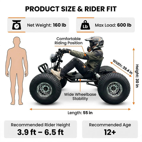 Size guide for Electric Off Road Go Kart For Teens And Adults With Peak 4000W Brushless Power, net weight 160 lb, max load 600 lb.