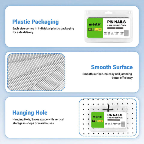 Heavy Hitter 23 Gauge Galvanized Pin Nails Assorted Full Set Micro Headless Finish Fasteners in plastic packaging for safe delivery.