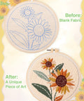 Before and after image: embroidered sunflower design using Beginner Punch Needle Kit With Hoop Needle Yarn And Fabric Pattern Including Step By Step Video Guide All In One Grab And Go DIY Embroidery Set For Women And Teens Easy To Use Craft Gift.