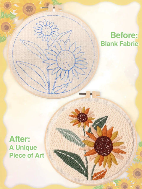 Before and after image: embroidered sunflower design using Beginner Punch Needle Kit With Hoop Needle Yarn And Fabric Pattern Including Step By Step Video Guide All In One Grab And Go DIY Embroidery Set For Women And Teens Easy To Use Craft Gift.