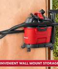 Compact 3.2 Gallon Wet Dry Shop Vacuum With 2.5 Peak HP Wall Mounted Design in garage showing tool storage bracket