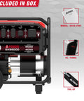 Powerful 5000 Watt Gas Portable Generator With 223cc OHV Engine CO Sensor Shutoff, manual, oil funnel, and tool kit