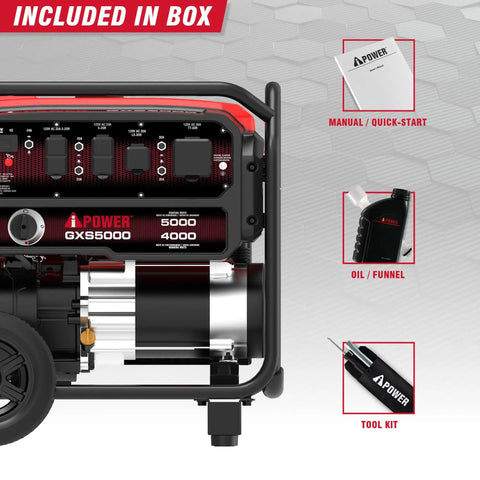Powerful 5000 Watt Gas Portable Generator With 223cc OHV Engine CO Sensor Shutoff, manual, oil funnel, and tool kit
