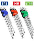 Three sets of hex keys, including Gnarly Stubby Long Arm Ball End Hex Key Set 9 Piece Metric Allen Wrench Kit, in SAE, MM, STAR.
