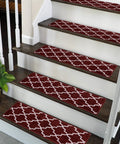 Red polypropylene carpet strips on wooden stairs; No Slip Stair Treads For Indoor Stairs Red 4 Pack Polypropylene Carpet Strips With Double Adhesive Tape Easy To Install Runner Rugs Safe Extra Grip For Kids And Pets