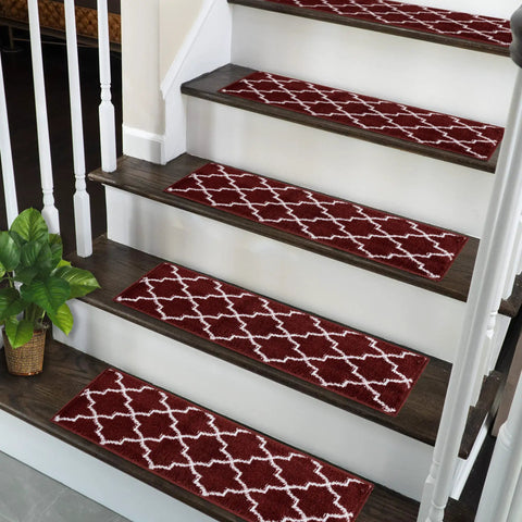 Red polypropylene carpet strips on wooden stairs; No Slip Stair Treads For Indoor Stairs Red 4 Pack Polypropylene Carpet Strips With Double Adhesive Tape Easy To Install Runner Rugs Safe Extra Grip For Kids And Pets