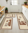 Vintage Coffee Kitchen Floor Mats Rustic Brew Station Rugs 3 piece set displayed in a bright kitchen, featuring coffee-themed designs.