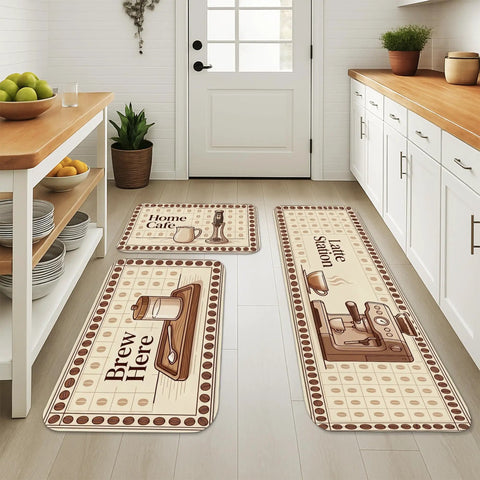 Vintage Coffee Kitchen Floor Mats Rustic Brew Station Rugs 3 piece set displayed in a bright kitchen, featuring coffee-themed designs.