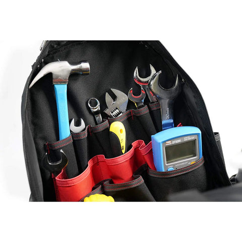 Heavy Duty Rolling Tool Backpack With 14 Inch Laptop Sleeve Pro Tradesman Organizer showing interior tool pockets with tools