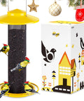 Outdoor Finch Feeder For Nyjer Seed Tube With Metal Mesh 13 Inch Length Weatherproof Roof And Tray 2 Lb Capacity Hanging Bird Feeder For Backyards Yellow next to box with bird design.