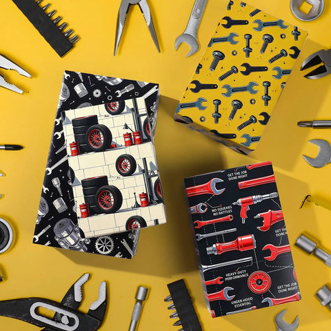 Mechanic Themed Wrapping Paper Pack With 12 Sheets In 3 Designs Featuring wrench, screw, and tire auto parts graphics, 20x28 in