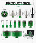 Tile Hole Saw Kit Set With Diamond Core Drill Bits, 14 Piece Pro Grade Tool Set dimensions and components display