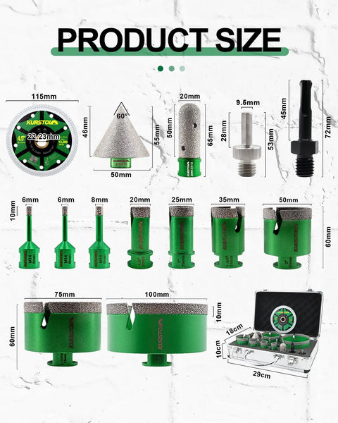 Tile Hole Saw Kit Set With Diamond Core Drill Bits, 14 Piece Pro Grade Tool Set dimensions and components display
