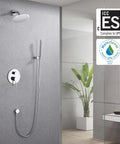 Modern bathroom with All-In-One Rain Shower System For Bathroom, Wall Mounted Shower Faucet Kit with 8-Inch Rain Head.