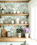 Kitchen shelves with plates against Boho Floral Peel And Stick Wallpaper Self Adhesive Contact Paper Waterproof For Bathrooms And Cabinets Removable Boho Chic Botanical Wall Covering 17.7 X 590.4 Inches