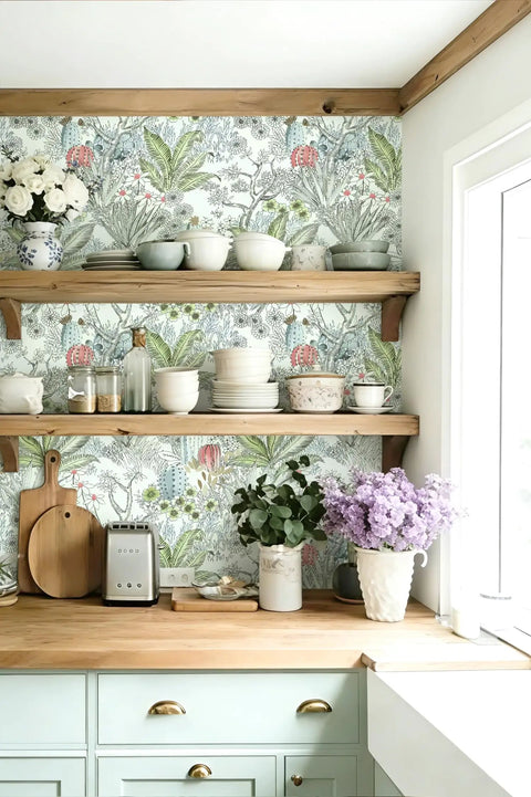 Kitchen shelves with plates against Boho Floral Peel And Stick Wallpaper Self Adhesive Contact Paper Waterproof For Bathrooms And Cabinets Removable Boho Chic Botanical Wall Covering 17.7 X 590.4 Inches