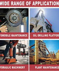 Collage showcasing applications of Beefy Heavy Duty High Pressure Pneumatic Foot Operated Hydraulic Pump in maintenance and machinery