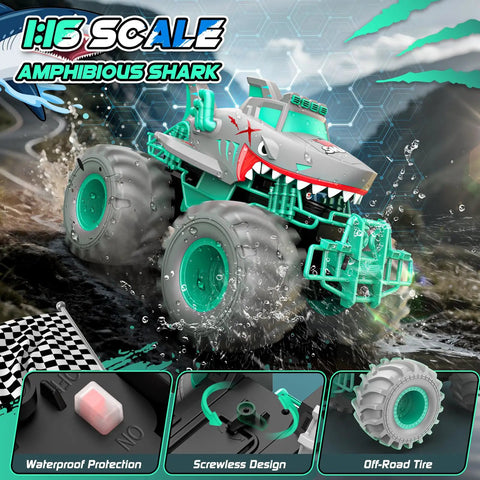 Waterproof Amphibious 1To16 Scale RC Car With 4WD Monster Truck All Terrain Off Road Toy For Kids 3 12 Years Old Dope Pool And Beach Fun Birthday Gift Gray, depicting amphibious shark design with large off-road tires.