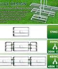 2-In-1 Lawn Leveling Rake With Flat And Serrated Sides illustration, showing splice design in 17, 30, and 48-inch configurations