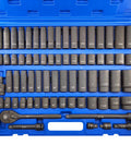 Seventy Piece Half Inch Drive Impact Socket Set With CR V Steel Includes SAE And Metric Standard And Deep Sockets in blue case