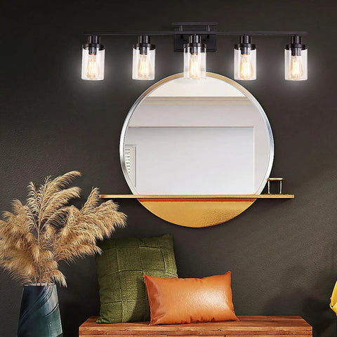 Five Light Black Vanity Fixture With Clear Glass Shades For Farmhouse Bathroom Mirror And Wall Sconce Modern Black Finish