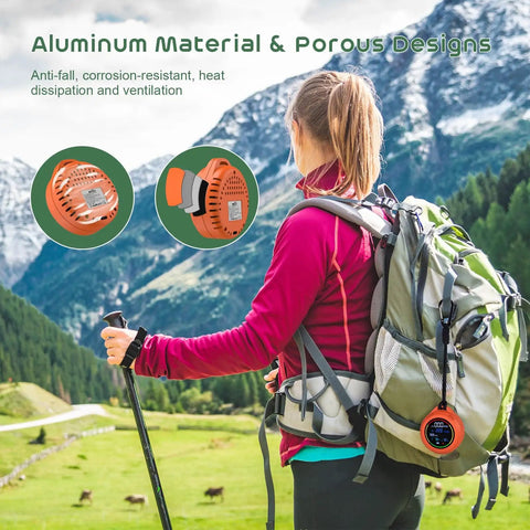 Hiker using 5 In 1 Rechargeable Oxygen Monitor With CO And O2 Readouts, Temperature, Humidity And Atmospheric Pressure, Portable Oxygen Meter With Alarm And Color Backlight for outdoor safety.