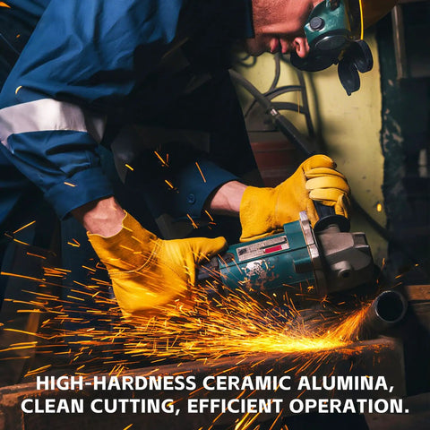 Person using angle grinder with 4-1/2 Inch Cut Off Wheels Kit, 100 Pack For Angle Grinders, Metal And Stainless Steel Cutting Discs