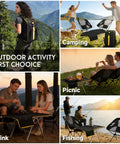 All In One Camping Backpack Table Kit With Aviation Aluminum Frame, Two Foldable Chairs, shown in various outdoor activities.