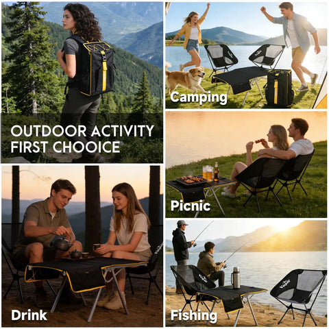 All In One Camping Backpack Table Kit With Aviation Aluminum Frame, Two Foldable Chairs, shown in various outdoor activities.