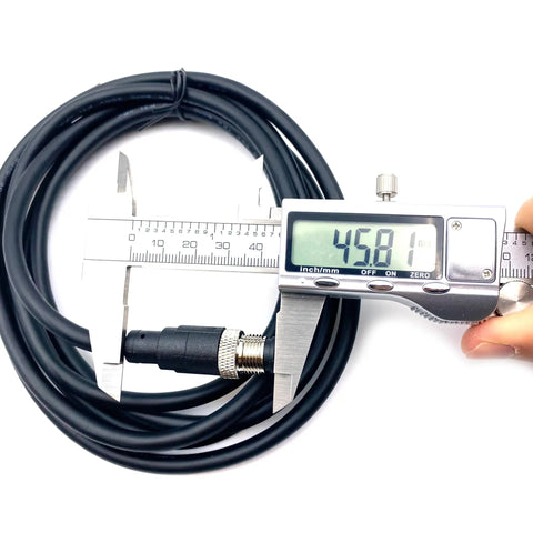 Measuring M12 12 Pin Male Connector Cable A Code Straight Molding Wire 2M AWG26 PVC Jacket with caliper, shows 4.581mm