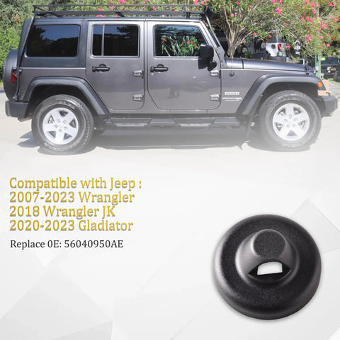 Jeep Wrangler Antenna Bracket Stud Cap Replacement Base Cover For 2007-2023 Wrangler JK 2018 Gladiator 56040950AE shown with vehicle