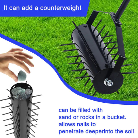Close-up of 62 Inch Rolling Lawn Aerator with 17 Inch Roller showing spikes and counterweight function