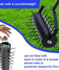 Manual Lawn Aerator Rolling Tool With 58 Inch Handle showing spikes and counterweight feature for lawns, yards, and gardens.