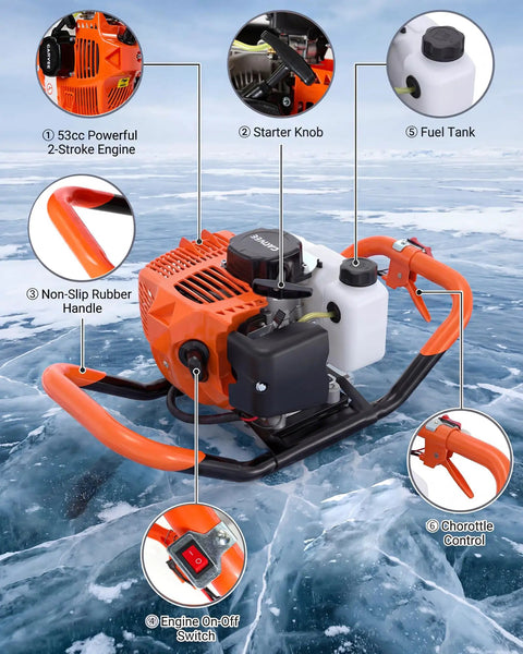 Detailed view of a 53cc powerful 2-stroke engine from a Beefy 52cc Gas Powered Post Hole Digger with labeled components.