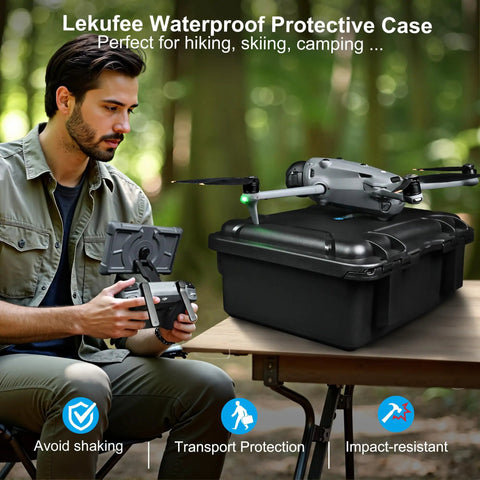 Man using DJI Mavic 4 Pro drone with Waterproof Hard Case With Custom Foam Insert for secure transport outdoors.